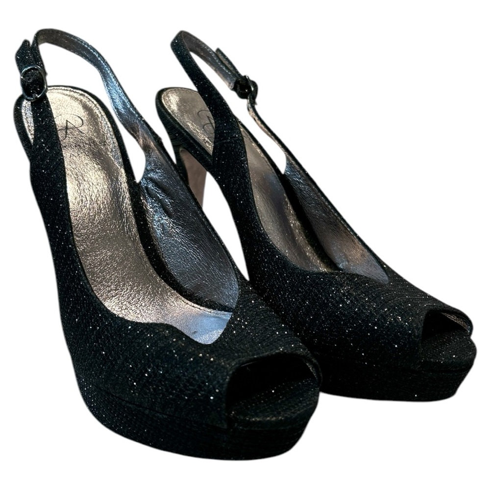 NEW ADRIANNA PAPELL BLACK SPARKLE RITA PEEP TOE PLATFORM HELLS 8M #83
